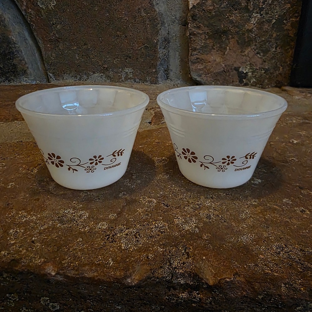 Vintage Dynaware Milk Glass Custard Cups Set 2 Brown Daisy Ramekins Termocrisa